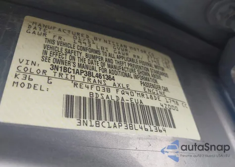 2011 Nissan Versa 1.8S z USA, uszkodzony, nr VIN 3N1BC1AP3BL461364